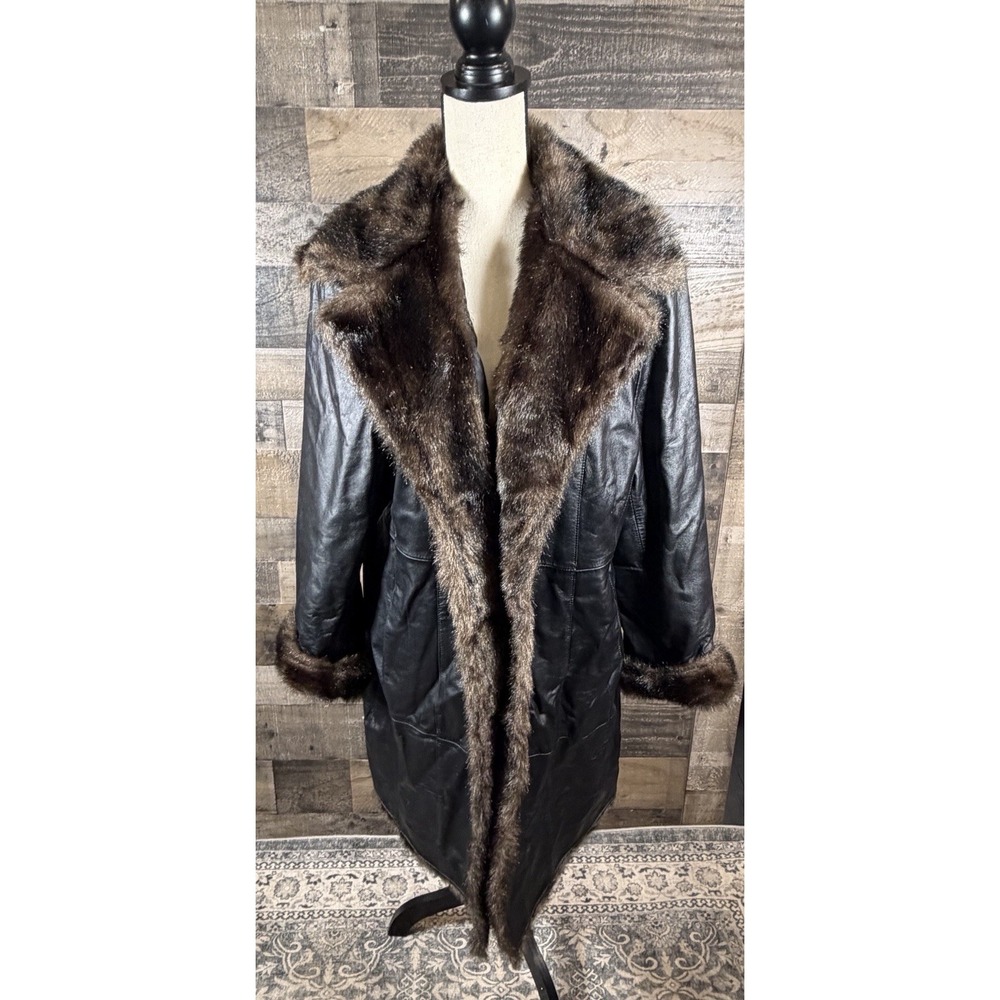 Vtg Lane Bryant Black Leather Trench Jacket Coat Faux Fur Trim Plus Sz 18/20